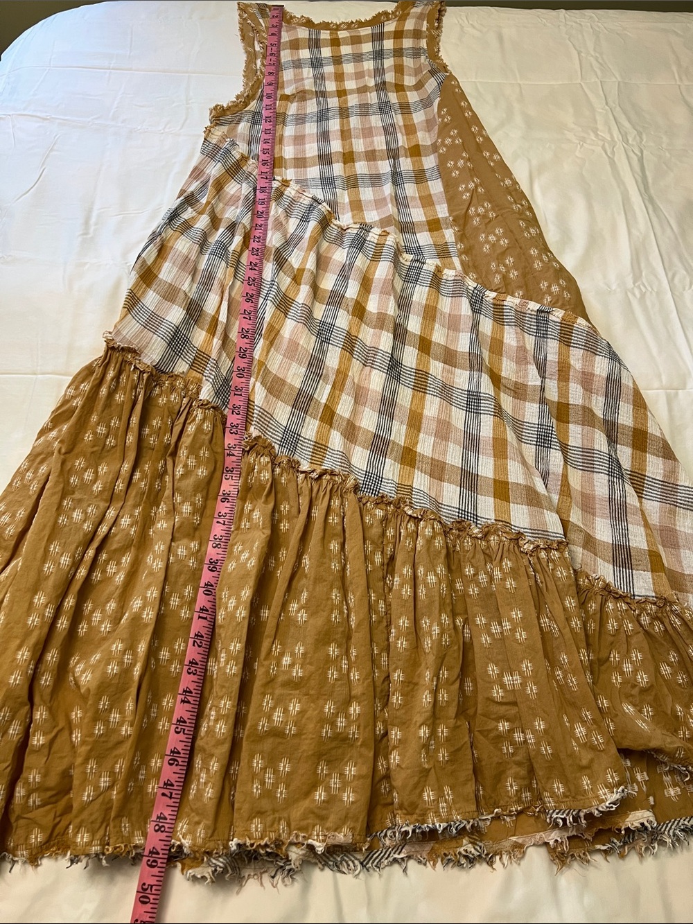 Free People No Stress Billowy Sleeveless Plaid Patchwork Raw Edge Midi Dress M - Picture 13 of 13